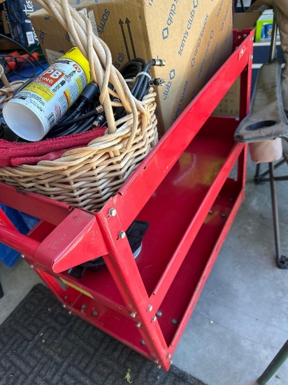 Metal roll around cart with contents work rags/cable/penetrating catalyst