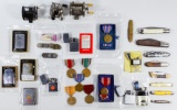 Pocket Knife, Lighter, US Military Medal and Fishing Reel Assortment