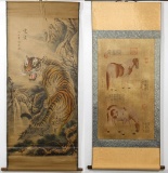 Chinese Enhanced Print 'Tiger' and 'Horses' Scrolls