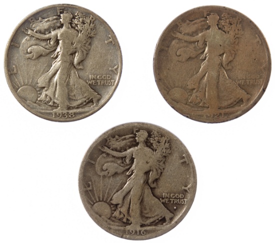 1916-S, 1921-D, 1938-D Walking Liberty 50c G