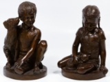 Charles Parks Franklin Mint 'Girl with Cat' and 'Boy with Dog' Bronze Figurines