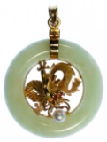 22k Gold, Pink Topaz, Pearl and Jadeite Jade Pendant
