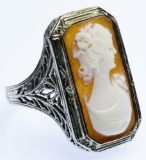 18k White Gold and Carved Shell Cameo Ring