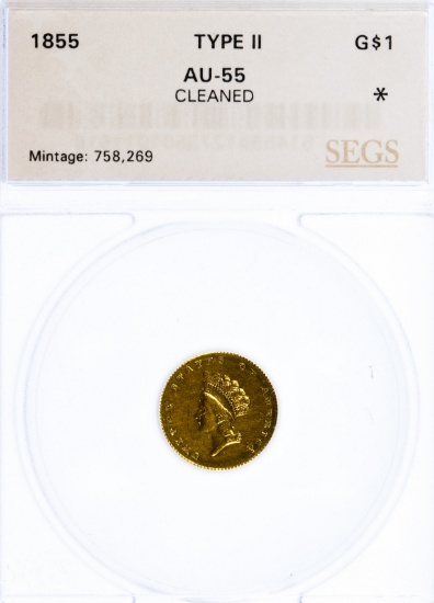 1855 $1 Gold AU-55 Details SEGS