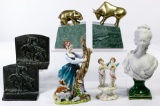 Metal Bookend and Ceramic Figurine Assortment