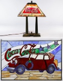 Stained Glass Style Coca-Cola Advertising Sign and Desk Lamp