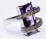 Rhodium Plated 14k Gold, Purple and Clear CZ Ring
