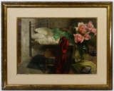 Patrick Hennessy (English, 1915-1980) 'Roses in a Bedroom' Oil on Canvas