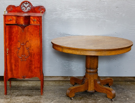 Oak Round Table and Mahogany Music Cabinet