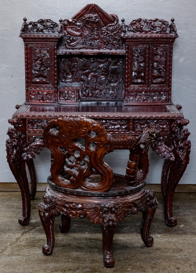 Asian Carved Rosewood Dragon Desk and Chair