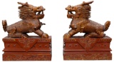 Asian Carved Wood Foo Dogs on Stands