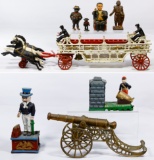 Cast Iron Fire Wagon, Bank and Figurine Assortment