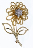 14k Gold and Diamond Flower Brooch