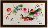 Oriental Silk Embroidered Panel of Mandarin Ducks and Lotus