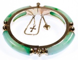 14k Gold and Jadeite Jade Hinged Bangle Bracelet