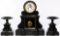 French Empire Style Black Slate Mantle Clock Garniture Set