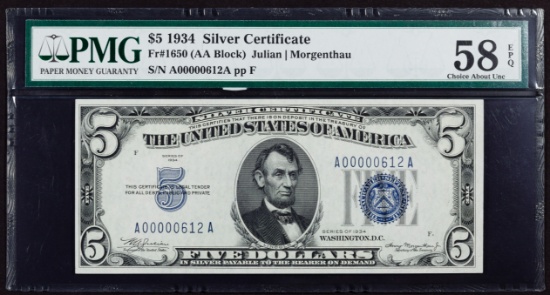 1934 $5 Silver Certificate AU-58 EPQ