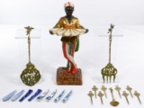 Brass Serving Utensils, Asian Chopstick Rests and Blackamoor Calling Card Statue