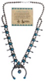 Native American Sterling Silver and Turquoise Squash Blossom Necklace