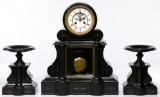 French Empire Style Black Slate Mantle Clock Garniture Set