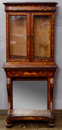 Dutch Baroque Oak Veneer with Satinwood Marquetry Display Cabinet