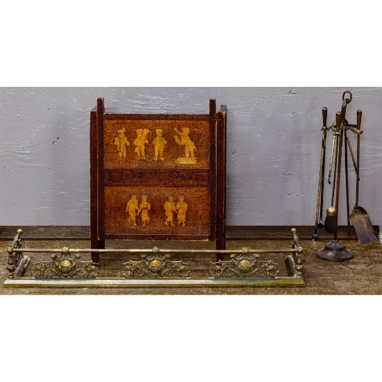 Carved Wood Fireplace Screen, Brass Fender and Tools