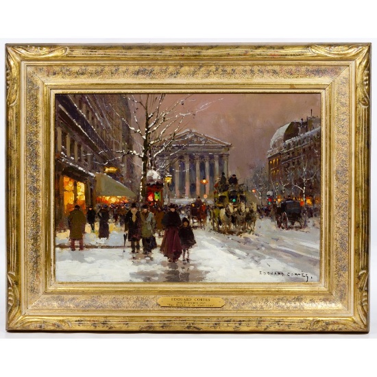 Edouard Cortes (French, 1882-1969) "Rue Royale et La Madeleine in Winter" Oil on Canvas