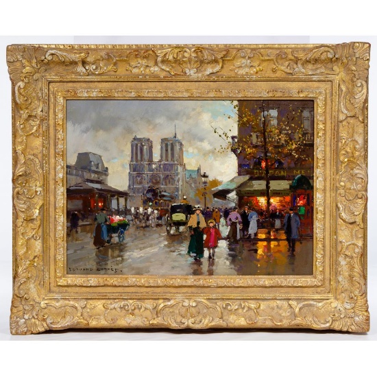 Edouard Cortes (French, 1882-1969) "Place Saint Michel et Notre Dame" Oil on Canvas