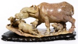 Chinese Carved Soapstone Water Buffalo with Calves Figurine