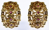 18k Gold, Ruby and Diamond Pierced Earrings