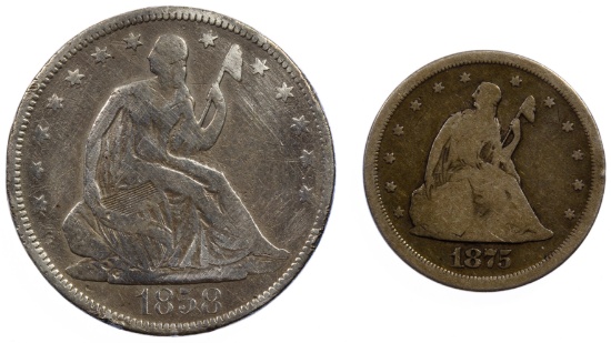 1875-S 20c and 1858 50c