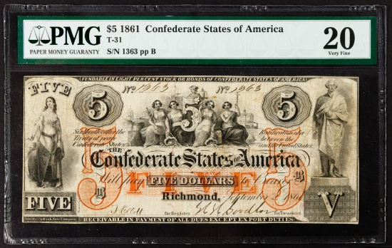 1861 $5 Confederate Note VF-20 PMG