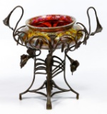 Bohemian Art Glass Vase with Metal Basket