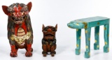 Carved Wood Cat and Sitting Lion Figurine Assortment