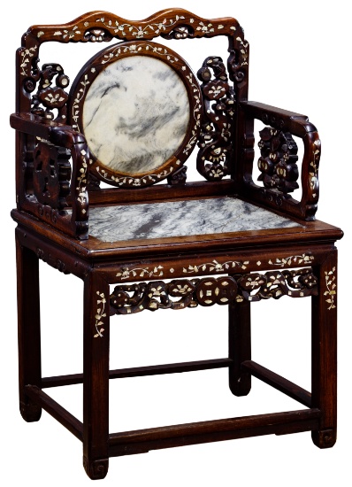 Asian Rosewood Stained Marble and Mother of Pearl Chair