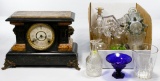 Mantel Clock and Glass Assortment