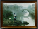 Pan Honghai (Chinese, b.1942) 'Shepherdess in a Morning Mist' Oil on Canvas