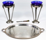 Cast Metal and Cobalt Blue Glass Torchieres
