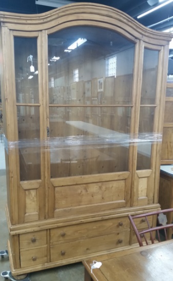 Country French Style Pine China Cabinet and Bookcase