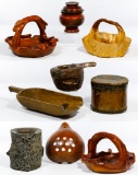 Asian Style Carved Wood Basket and Bowl Assortment