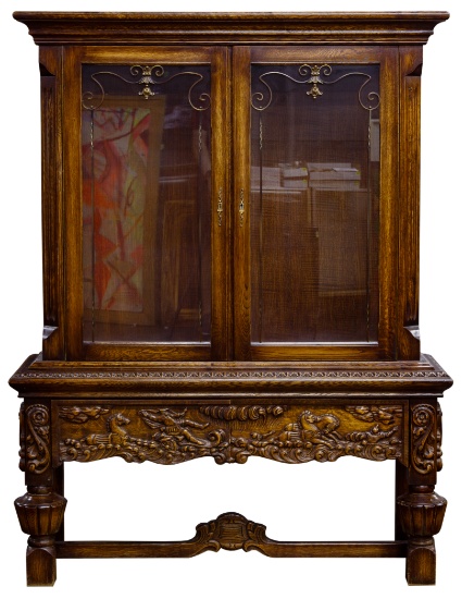 Carved Walnut Stained Display Cabinet