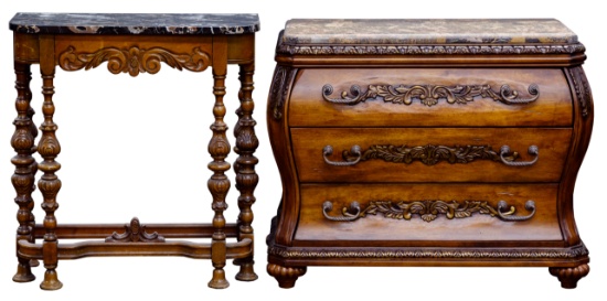 Carved Wood and Marble Top Bachelor Chest and Console Table