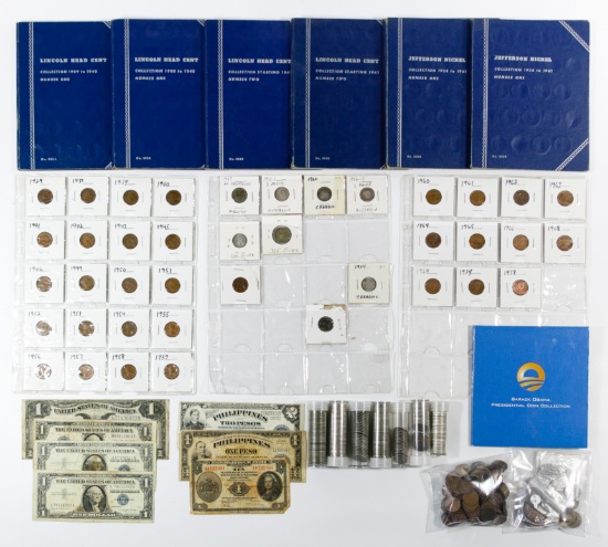 US Currency, Coin and World Coin and Currency Assortment