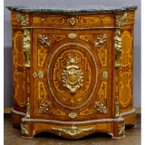 Mahogany, Satinwood and Ormulu Bow Front Marble Top Cabinet