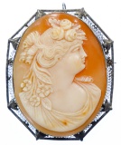 14k White Gold Framed Carved Shell Cameo Pin / Pendant