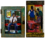 Wayne Manns (American, 20th Century) 'The Checker Game' Acrylic and Found Objects on Panel