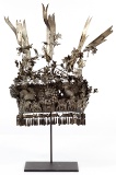 Miao White Metal Head Dress on Stand