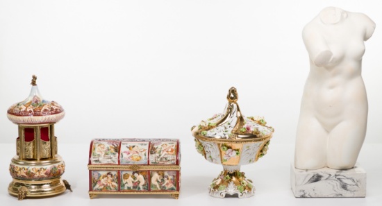 Capodimonte Reuge Music Box and Decorative Object Assortment