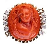 Yellow Gold Filled, Coral Cameo and Diamond Ring