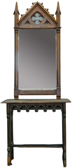 Gothic Revival Cathedral Hall Table and Mirror